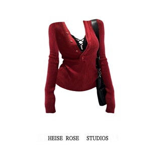 大码胖mm法式红色深V领长袖针织衫女春秋季新款修身吊带抹胸套装