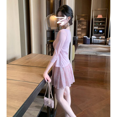 大码胖mm法式漂亮粉色吊带加开衫加高腰半身裙夏季独特显瘦三件套