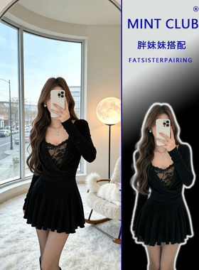 大码胖MM赫本风黑色蕾丝拼接收腰连衣裙女秋冬季百搭显瘦绝美短裙
