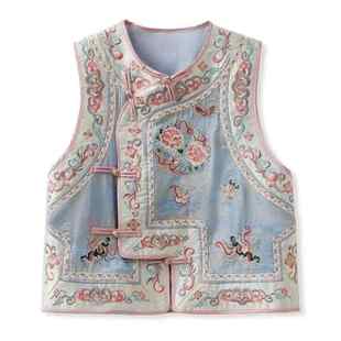 上衣 开衫 新中式 国风重工刺绣斜襟盘扣显瘦马甲复古民族风坎肩无袖