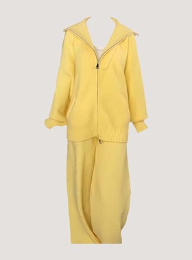 大码胖mm减龄一整套穿搭黄色翻领针织外套阔腿裤气质休闲两件套装