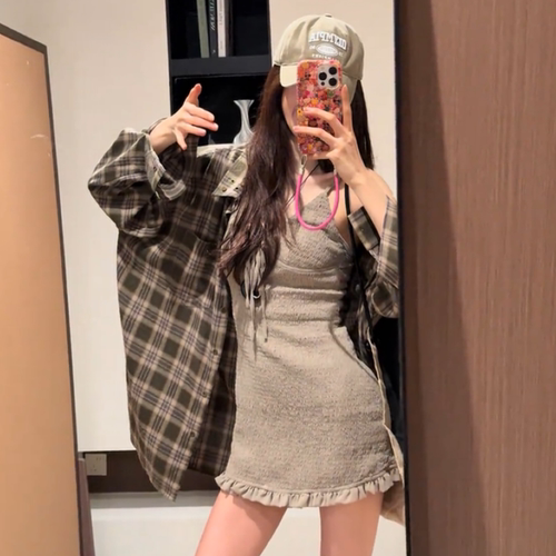 大码胖MM韩系复古格子衬衫配裙子夏季巨好看修身气质显瘦两件套装