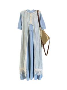 大码胖mm衬衫连衣裙女夏新款高级感宽松显瘦叠穿马甲长裙两件套装