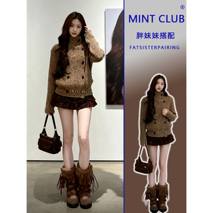 大码 胖MM辣妹风立领双排扣针织毛衣高级感百搭显瘦半身裙两件套女