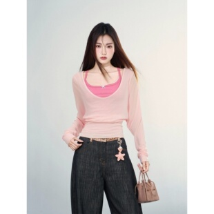 大码 绝美度假风挂脖吊带背心防晒罩衫 时尚 两件套 胖MM甜美减龄时尚