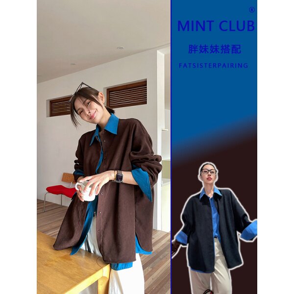 大码胖mm韩系撞色拼接假两件廓形显瘦衬衫女装秋季衬衫POLO领上衣