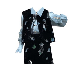 春季 大码 胖妹妹韩系通勤长袖 衬衫 马甲显瘦半身裙三件套女 蝴蝶无袖