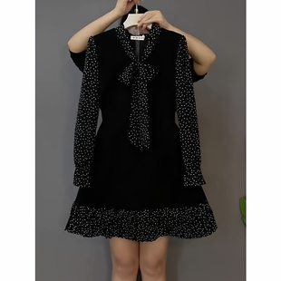 法式复古风黑色波点短款连衣裙女春季新款胖mm遮肉大码显瘦短裙子