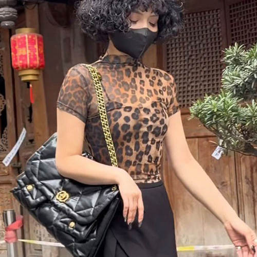 胖MM美式复古豹纹微透短袖t恤女