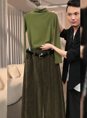 大码胖mm极简风高领针织衫阔腿裤套装女秋季高级感显瘦穿搭一整套