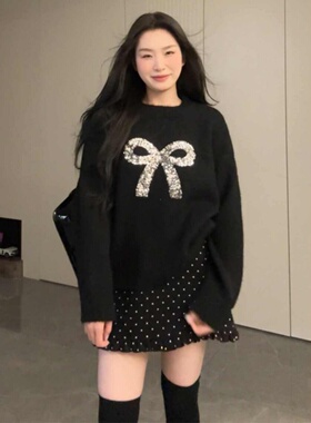 大码胖妹妹蝴蝶结亮片针织毛衣女春季新款波点高腰半身裙减龄套装