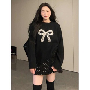 大码 新款 波点高腰半身裙减龄套装 胖妹妹蝴蝶结亮片针织毛衣女春季