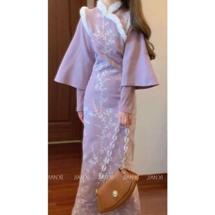 大码胖mm新中式国风改良旗袍连衣裙女秋季假两件毛呢小众包臀长裙