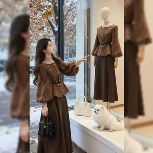 套装 大码 小香风时尚 外套半身裙女秋冬新款 胖mm美拉德风气质灯笼袖