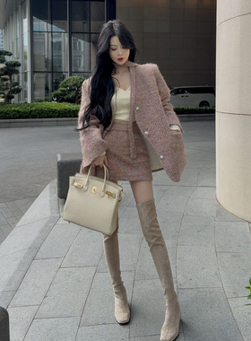 大码胖mm法式小香风气质西装外套A字半身裙套装女秋冬显瘦两件套