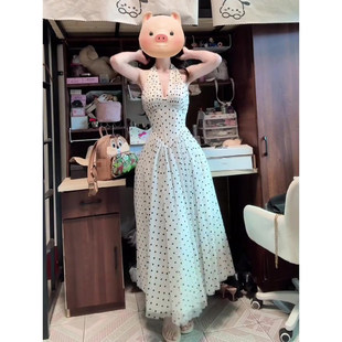 大码胖MM法式高级感气质波点挂脖连衣裙女夏季新款度假风绝美长裙
