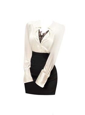 大码胖妹妹韩系御姐风蕾丝拼接长袖衬衫女秋季新款高腰包臀裙套装