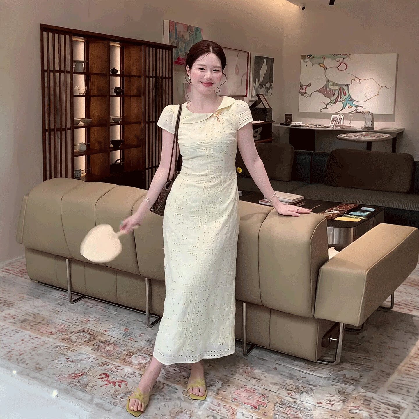 大码胖MM甜美镂空钩花连衣裙女夏季新款收腰显瘦漂亮绝美A字长裙
