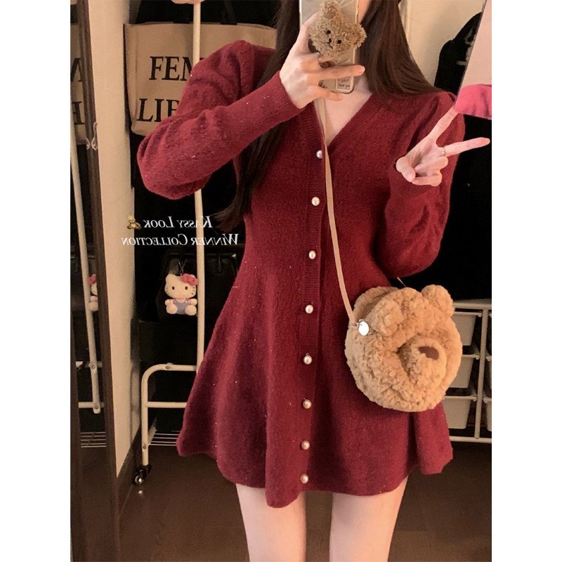 大码胖MM法式气质V领收腰显瘦毛衣裙冬季新款高级感软糯连衣裙女,女装/女士精品,连衣裙,淘宝优惠券,粉丝福利购,淘宝优惠卷