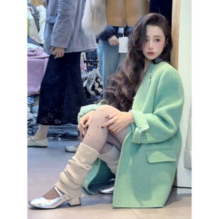 大码胖mm春秋新款高级感气质长袖大衣女韩版宽松阔型毛呢西服外套