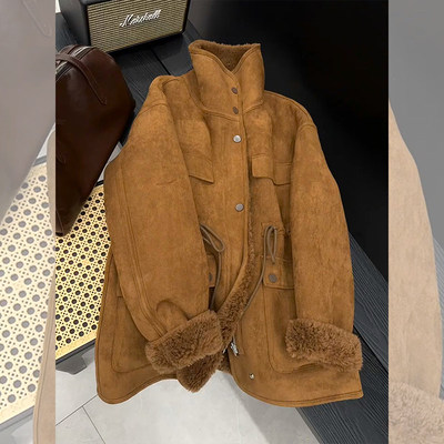 美拉德小香风中长款羊羔毛外套女