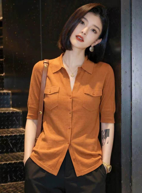 大码胖MM简约风橙色翻领中袖翻领针织衫女夏季宽松显瘦百搭上衣潮