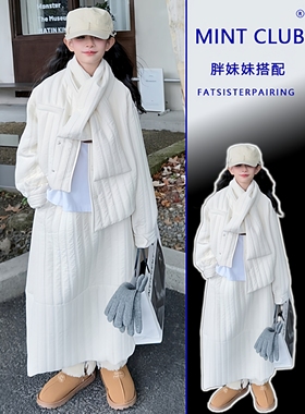 大码胖mm白色休闲外套半身裙套装秋冬新款高级感减龄保暖两件套装