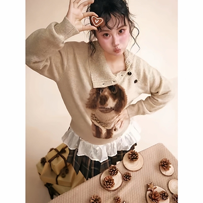 大码韩系设计感卡通印花宽松毛衣