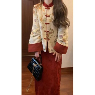 国风套装 外套红色旗袍连衣裙气质高端两件套ins 胖妹妹新中式 大码