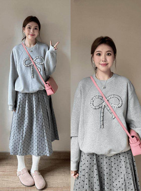 大码胖mm秋季新款百褶裙两件套装韩系慵懒风灰色蝴蝶结亮片卫衣女