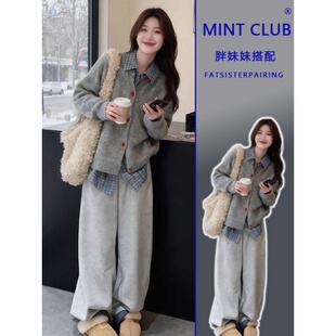 套装 巨好看韩系一整套显瘦减龄针织毛衣格子衬衫 胖MM春秋新款 大码