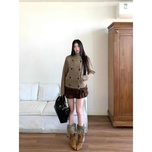 毛衣外套女胖mm百搭高腰豹纹半身裙 设计感立领双排扣修身 大码 法式