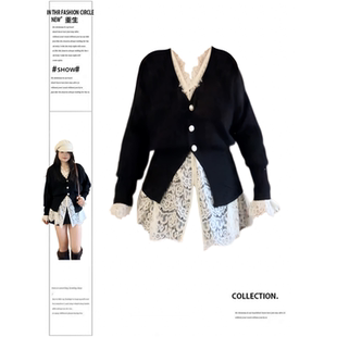 高级感叠穿套装 大码 女春季 蕾丝内搭套装 胖mm韩系复古V领针织开衫