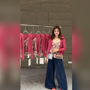 大码胖妹妹小香风开衫吊带女夏薄款玫红色两件套叠穿背心两件套装