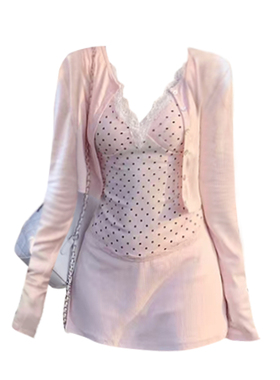 大码胖mm纯欲风蕾丝拼接长袖T恤女夏季新款A字半身裙开衫三件套潮