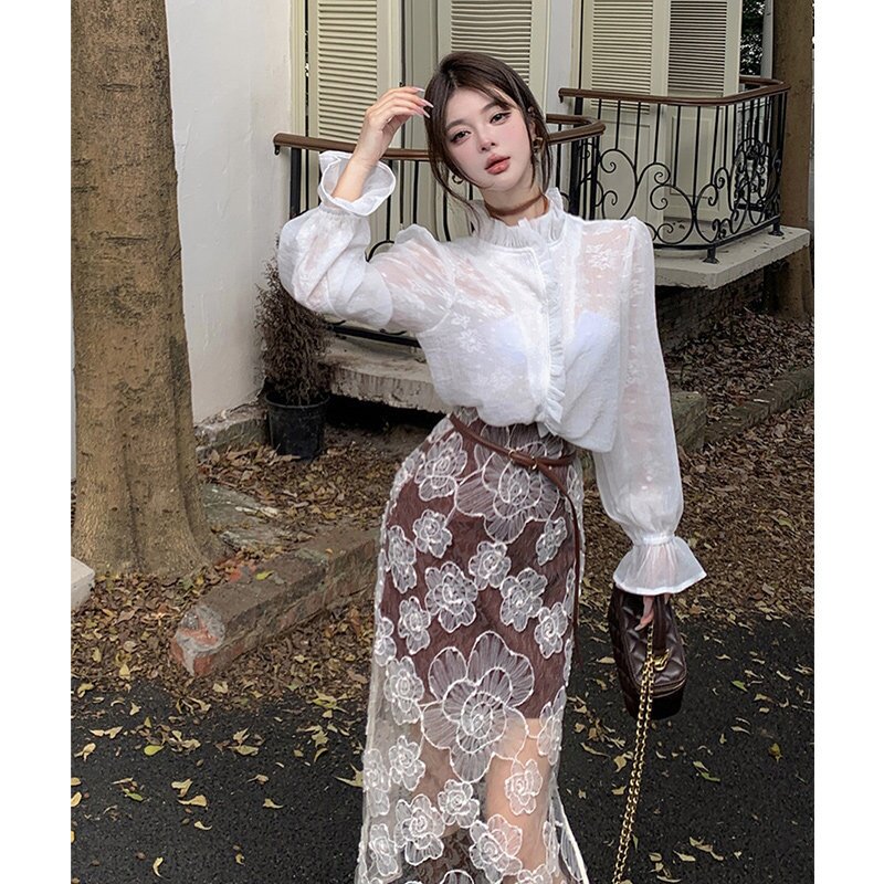 大码胖MM法式气质木耳边减龄长袖衬衫高腰百搭绝美半身裙两件套装