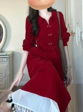 大码胖mm新中式v领盘扣丝绒红色连衣裙女2025秋高级感法式长裙子