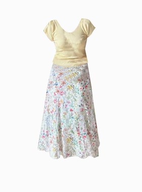 大码胖mm黄色V领正肩冰丝针织短袖T恤女夏季修身半身裙洋气两件套