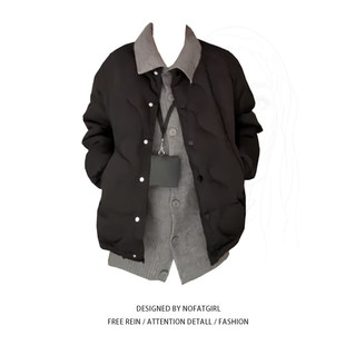 大码胖mm小众美式复古棉服外套女秋冬新款针织毛衣内搭时尚两件套