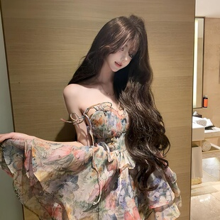 大码胖MM独特设计绝美碎花短款连衣裙女夏季新款复古气质蓬蓬短裙