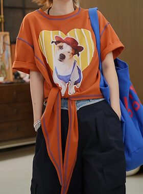 大码胖MM撞色设计感小狗印花短袖T恤女夏季新款不规则下摆上衣潮