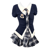 高级感假两件上衣高腰显瘦短裙两件套 夏季 大码 胖mm韩系学院风套装