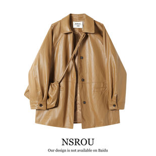 新款 大码 皮衣女胖妹妹春季 西装 小众酷飒风外套 美拉德高级感中长款