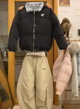 双面穿立领棉服棉袄外套女冬季宽松加厚保暖美式复古棉衣面包服潮