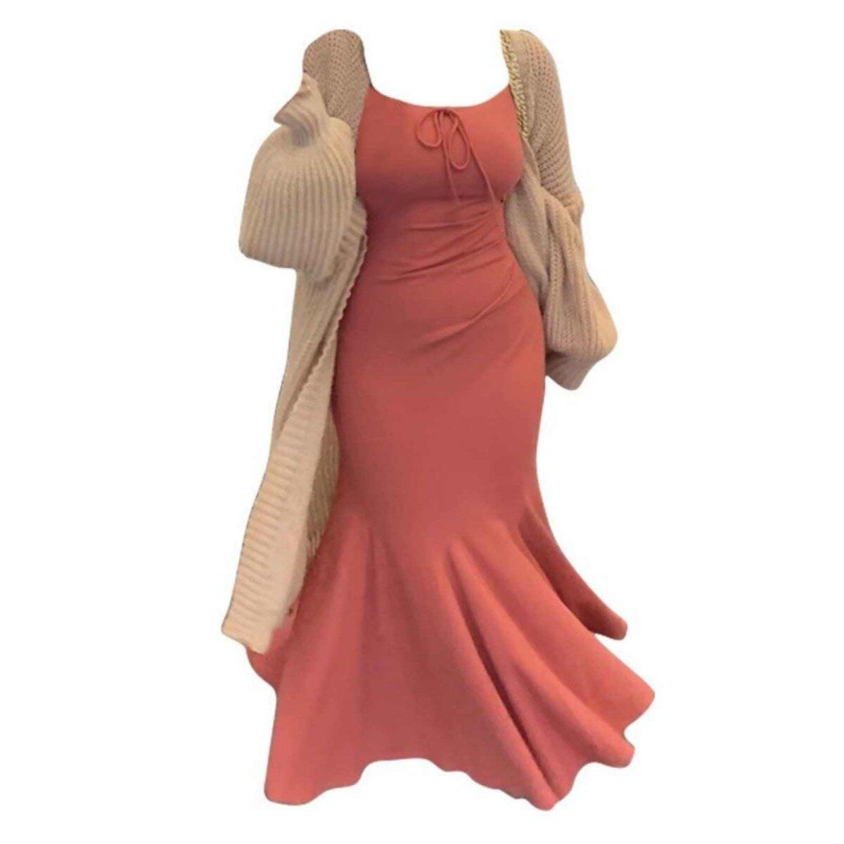 大码胖MM松弛风软糯中长款针织开衫女春秋季高腰鱼尾连衣裙两件套