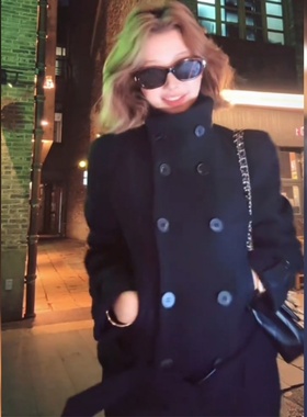 大码胖mm学院风双排扣立领毛呢外套女秋季高级感黑色时尚辣妹套装