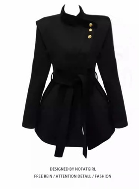 赫本风黑色金属扣中长款毛呢外套女大码秋冬胖MM系带收腰保暖大衣