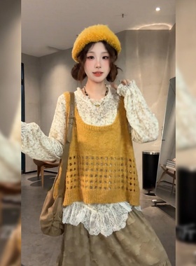 大码胖mm韩系慵懒风套装裙秋季新款针织马甲蕾丝衬衫半身裙三件套