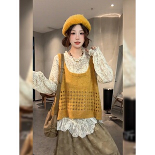 大码胖mm韩系慵懒风套装裙春季新款针织马甲蕾丝衬衫半身裙三件套