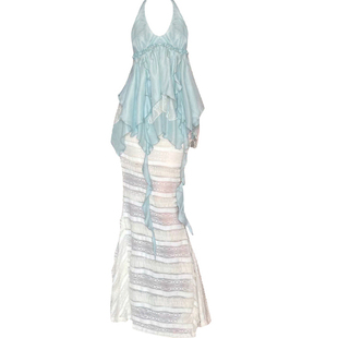 蕾丝半身裙套装 大码 新款 减龄不规则飘带挂脖吊带上衣夏季 胖MM时尚